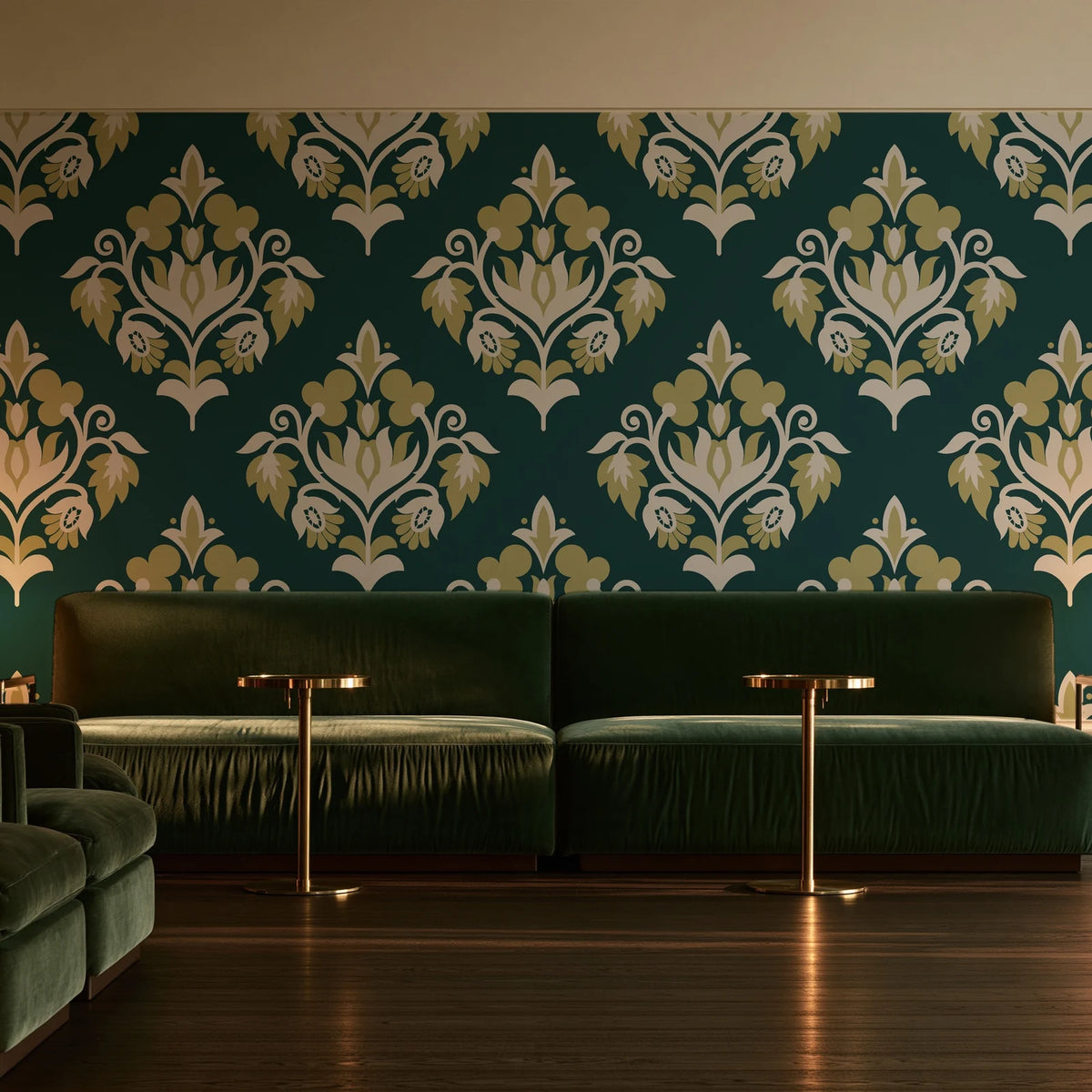 Old World Flora Evergreen floral damask wallpaper in an intimate luxury cocktail lounge