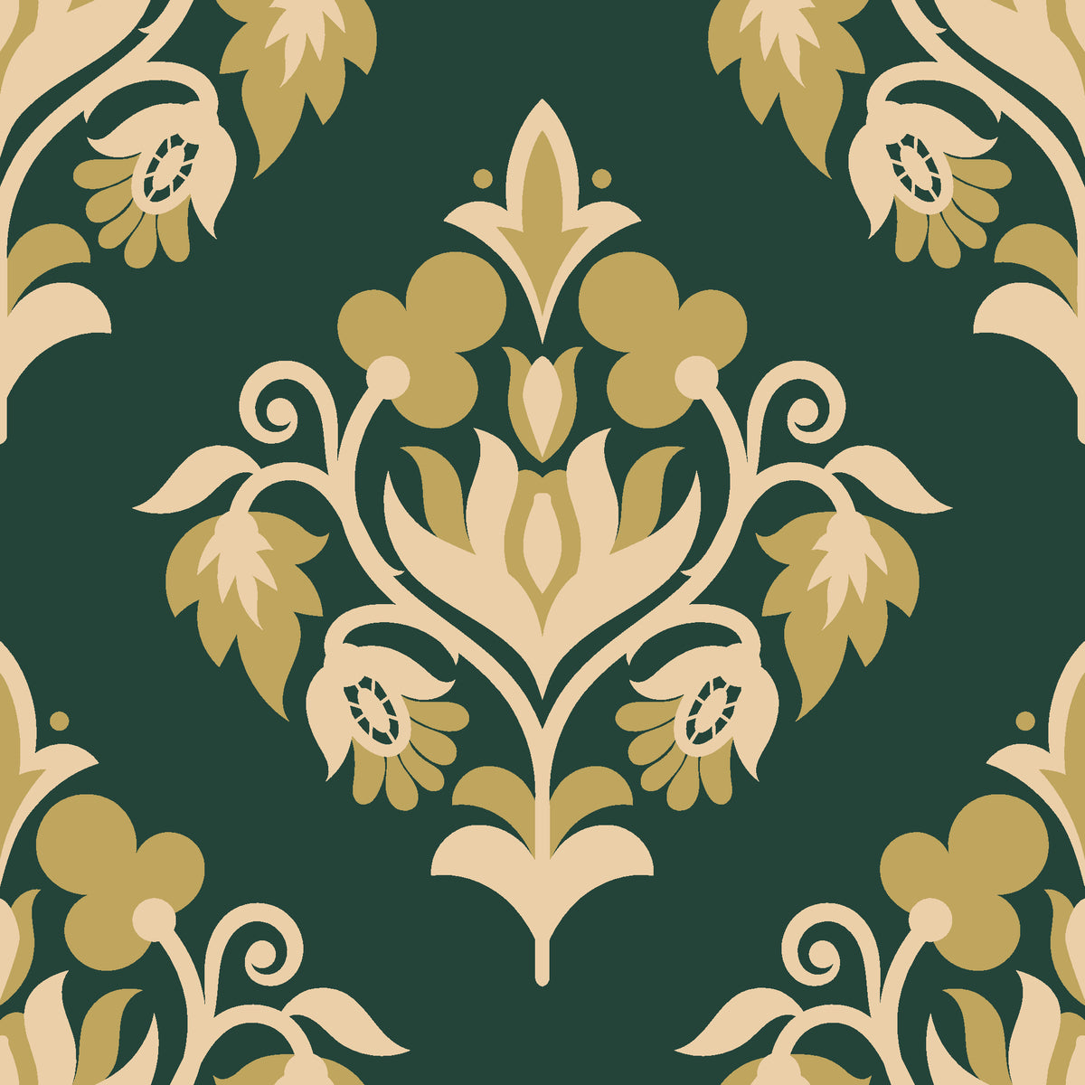Old World Flora Evergreen floral damask wallpaper in evergreen and brass