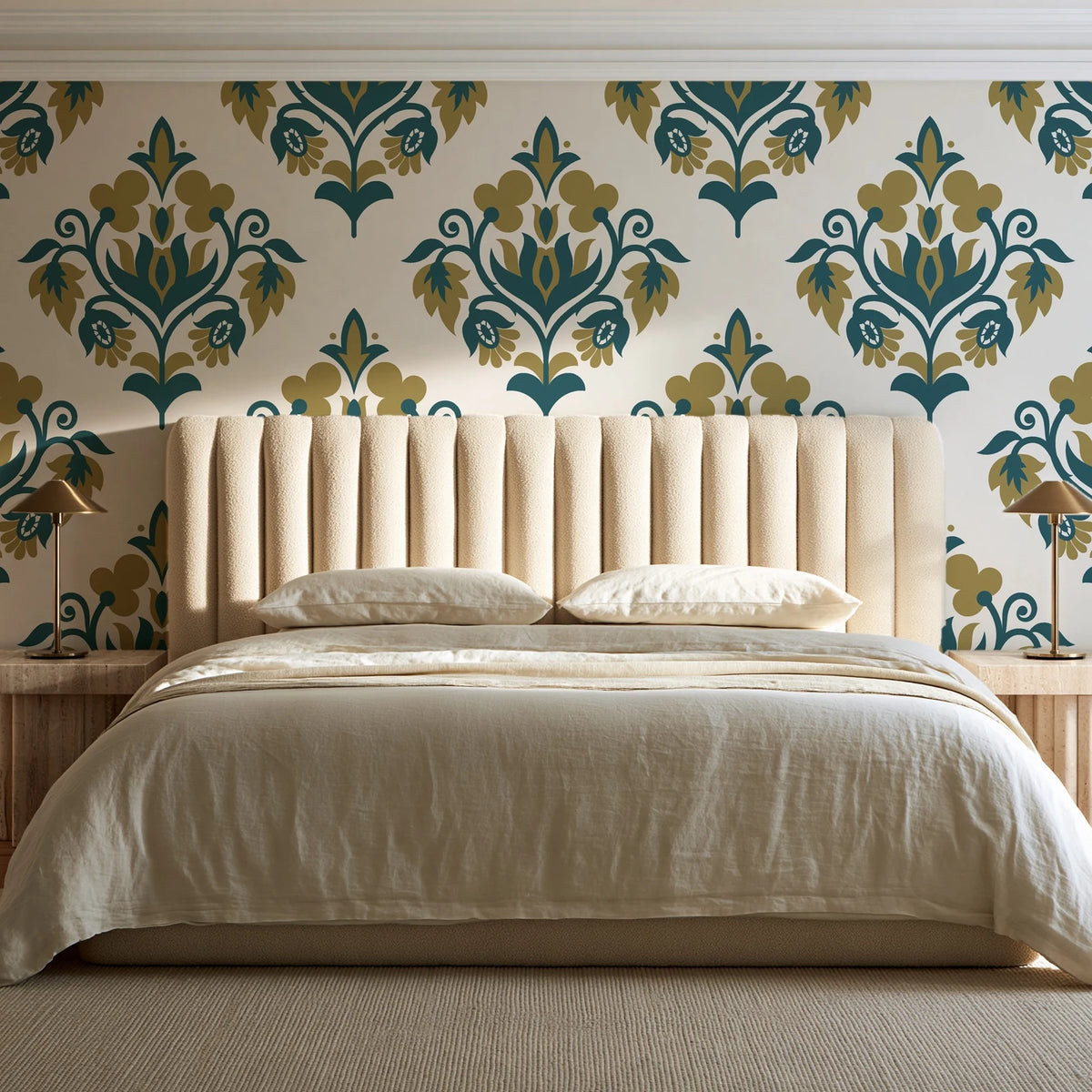 Old World Flora Ivory floral damask wallpaper behind a channel-tufted bed in a calm primary bedroom