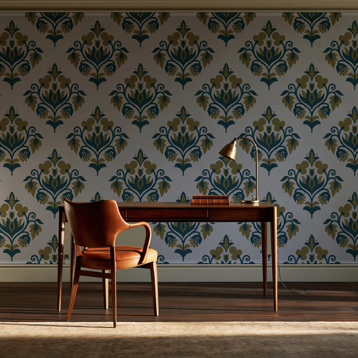 Old World Flora Ivory floral damask wallpaper as a feature wall in a home study