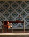 Old World Flora Ivory floral damask wallpaper as a feature wall in a home study