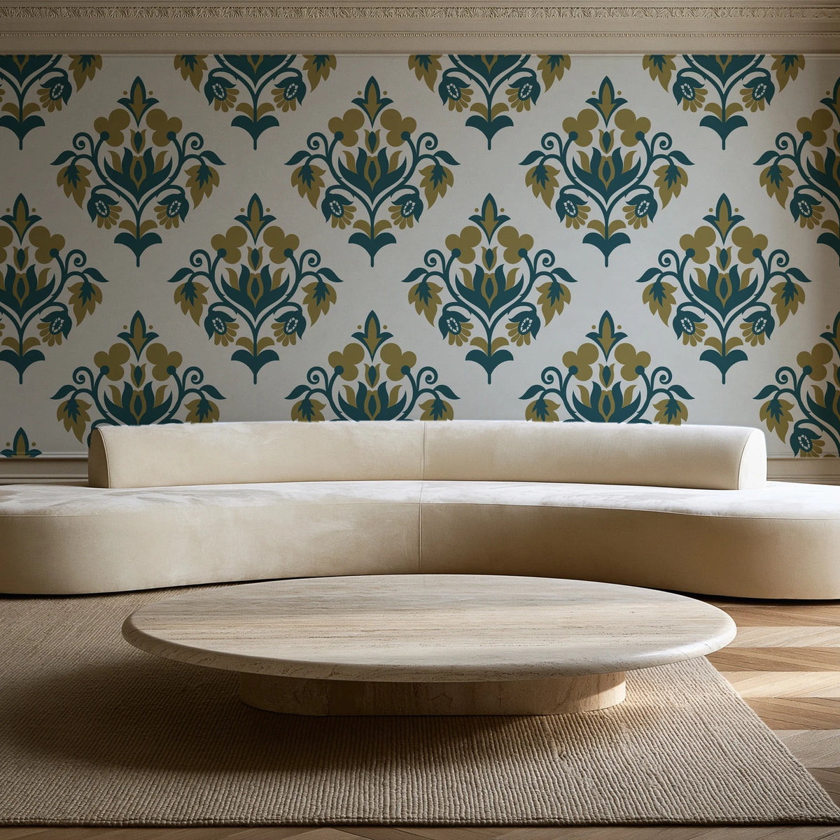 Old World Flora Ivory floral damask wallpaper in an elegant living room