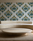 Old World Flora Ivory floral damask wallpaper in an elegant living room