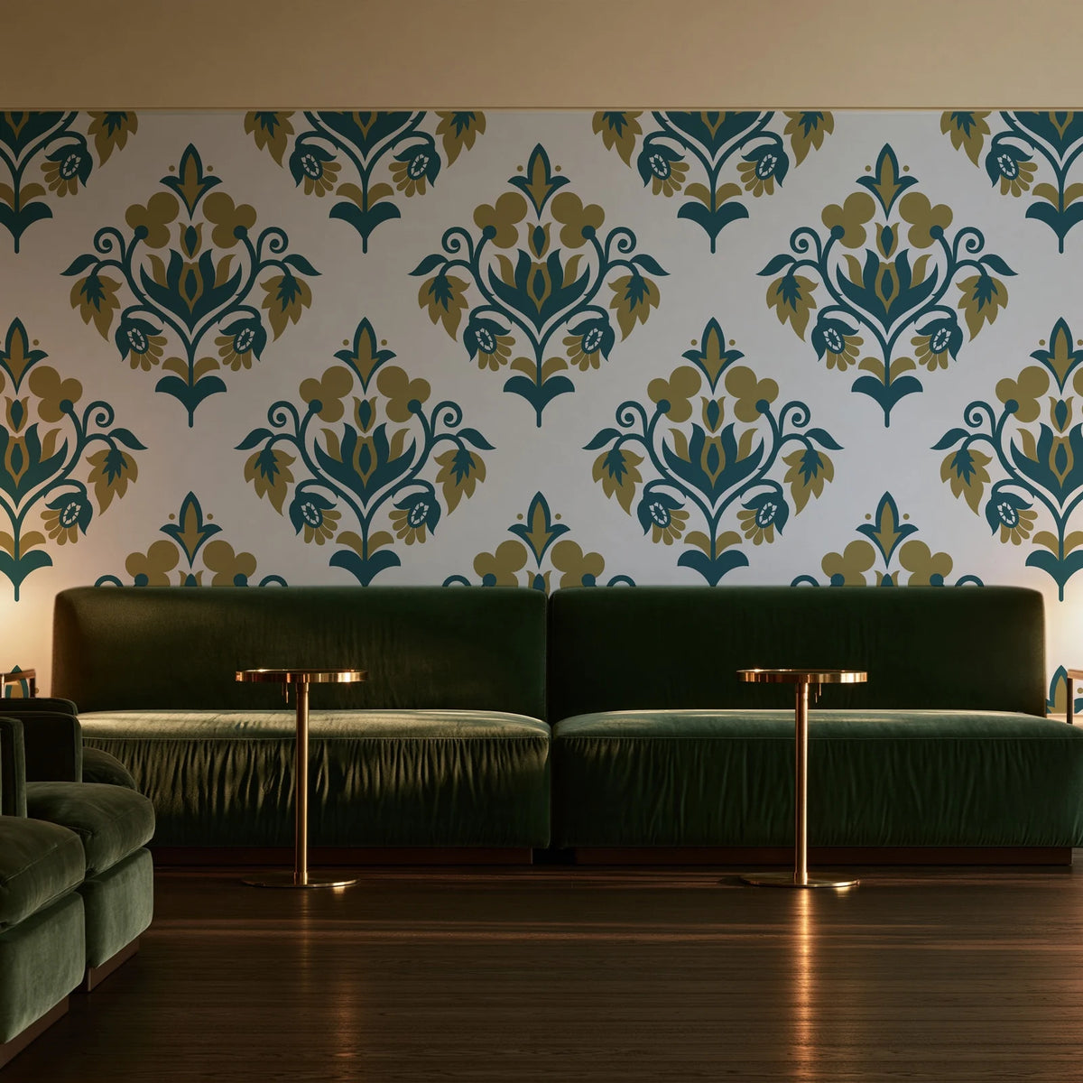 Old World Flora Ivory floral damask wallpaper in an intimate luxury cocktail lounge