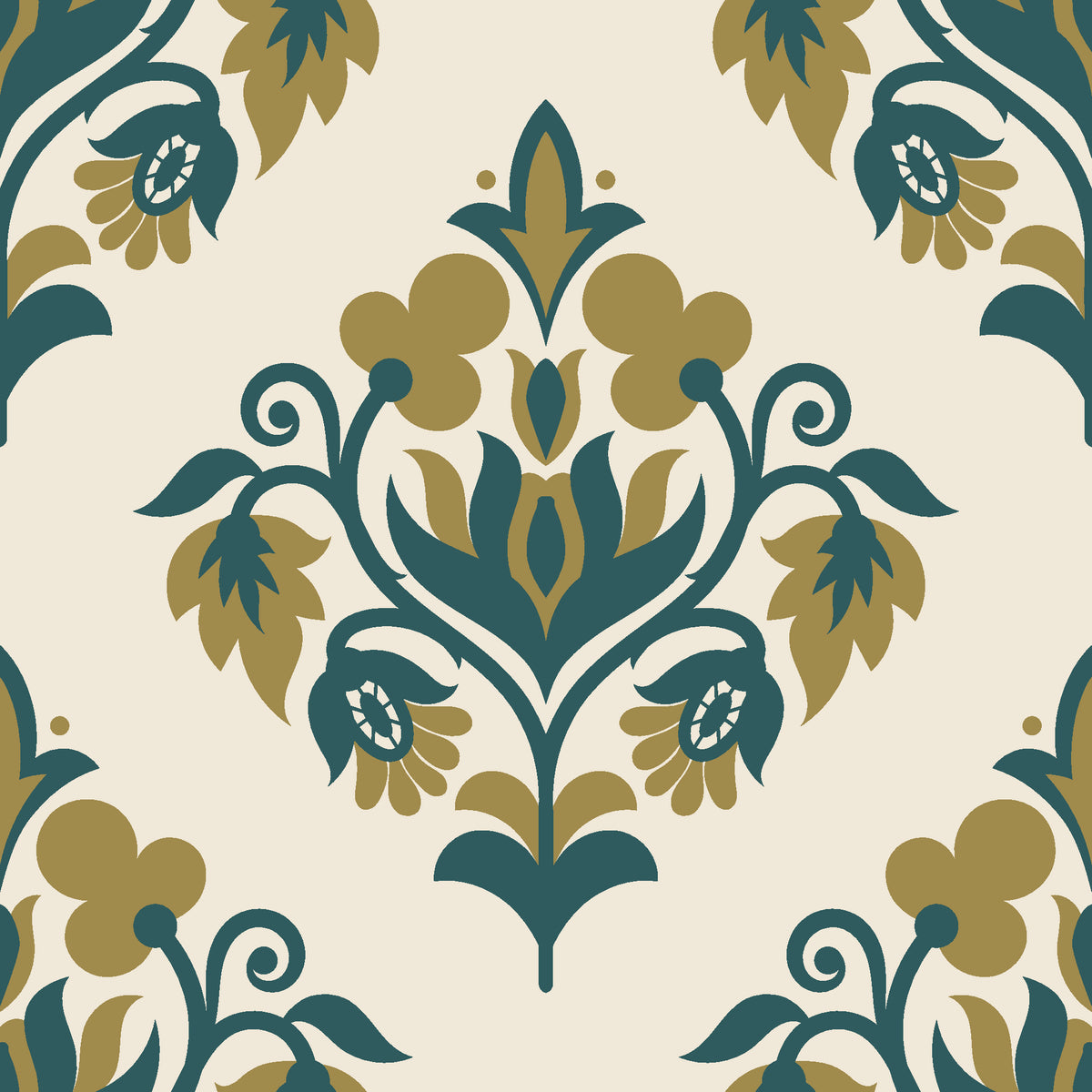 Old World Flora Ivory floral damask wallpaper in ivory, teal and gold