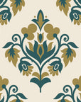 Old World Flora Ivory floral damask wallpaper in ivory, teal and gold
