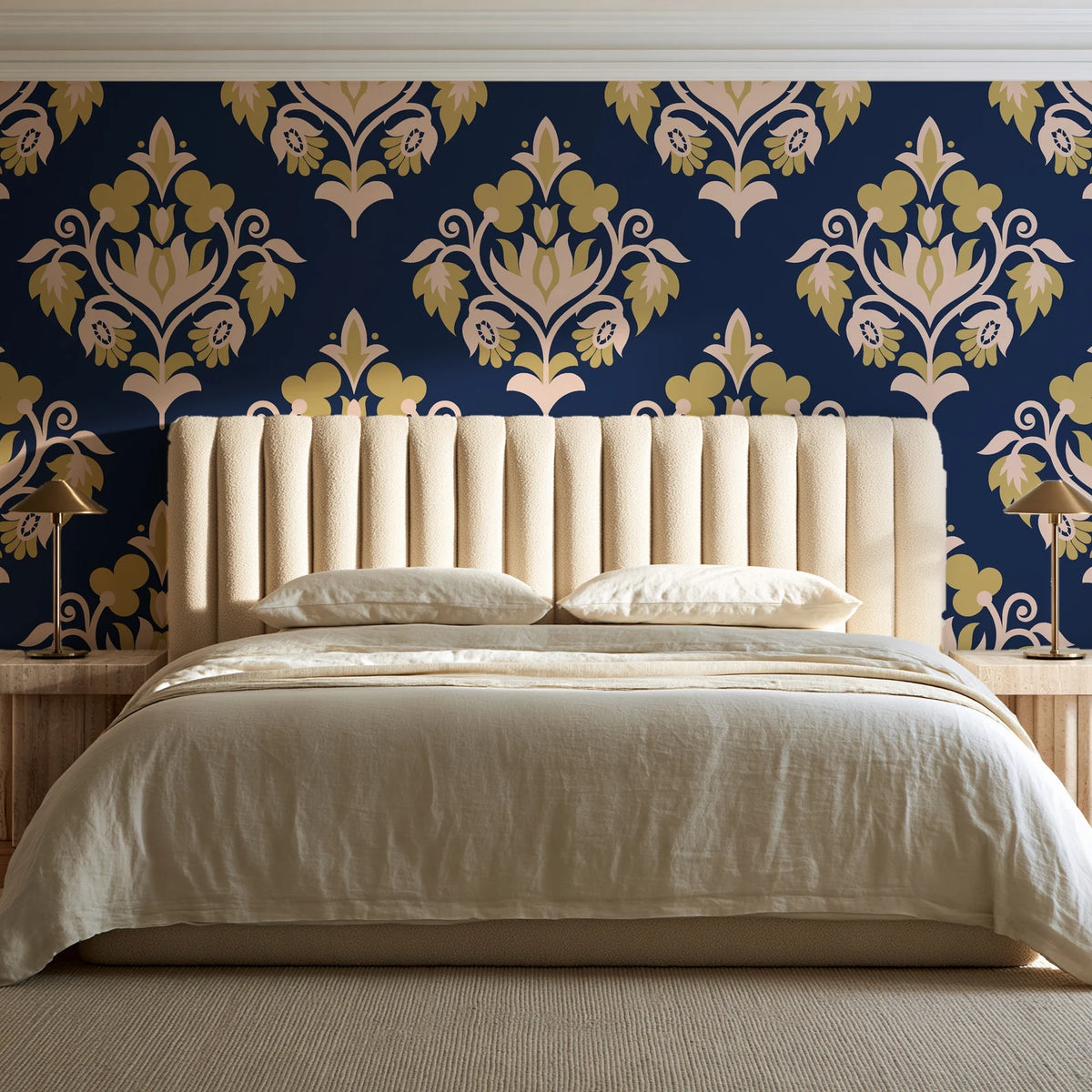 Old World Flora Navy floral damask wallpaper behind a channel-tufted bed in a calm primary bedroom