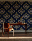 Old World Flora Navy floral damask wallpaper as a feature wall in a home study
