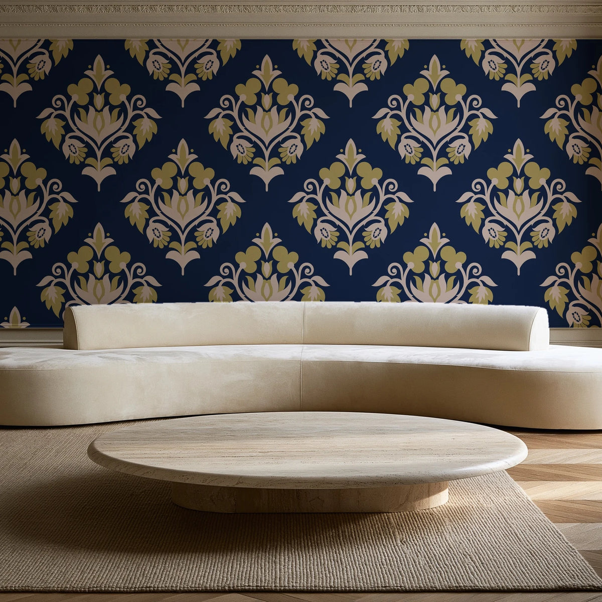 Old World Flora Navy floral damask wallpaper in an elegant living room