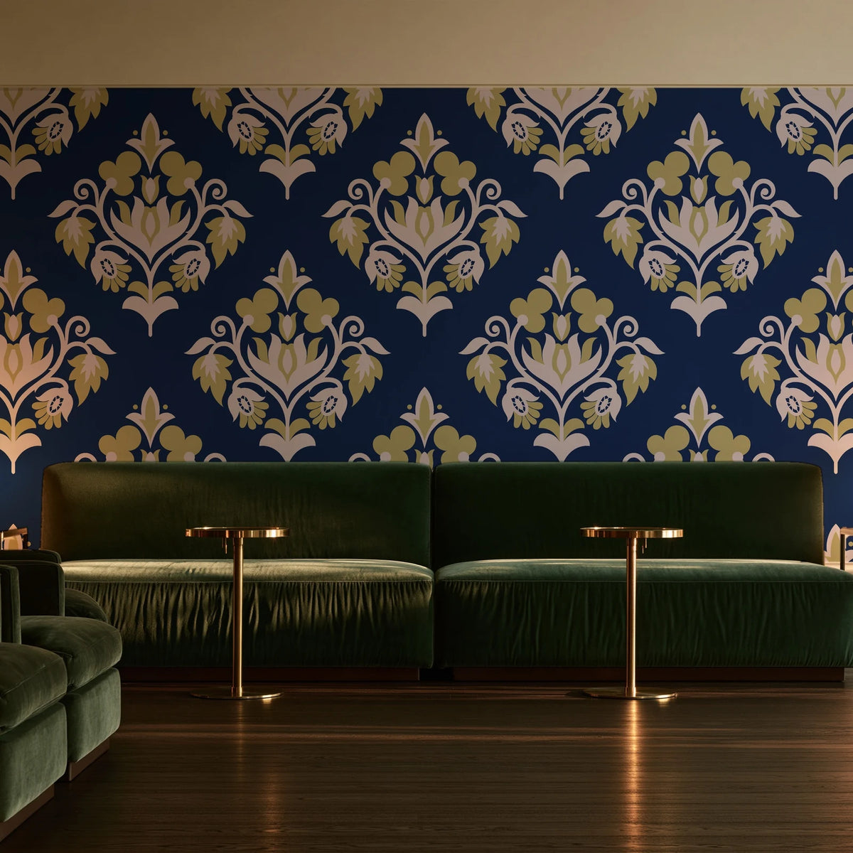 Old World Flora Navy floral damask wallpaper in an intimate luxury cocktail lounge
