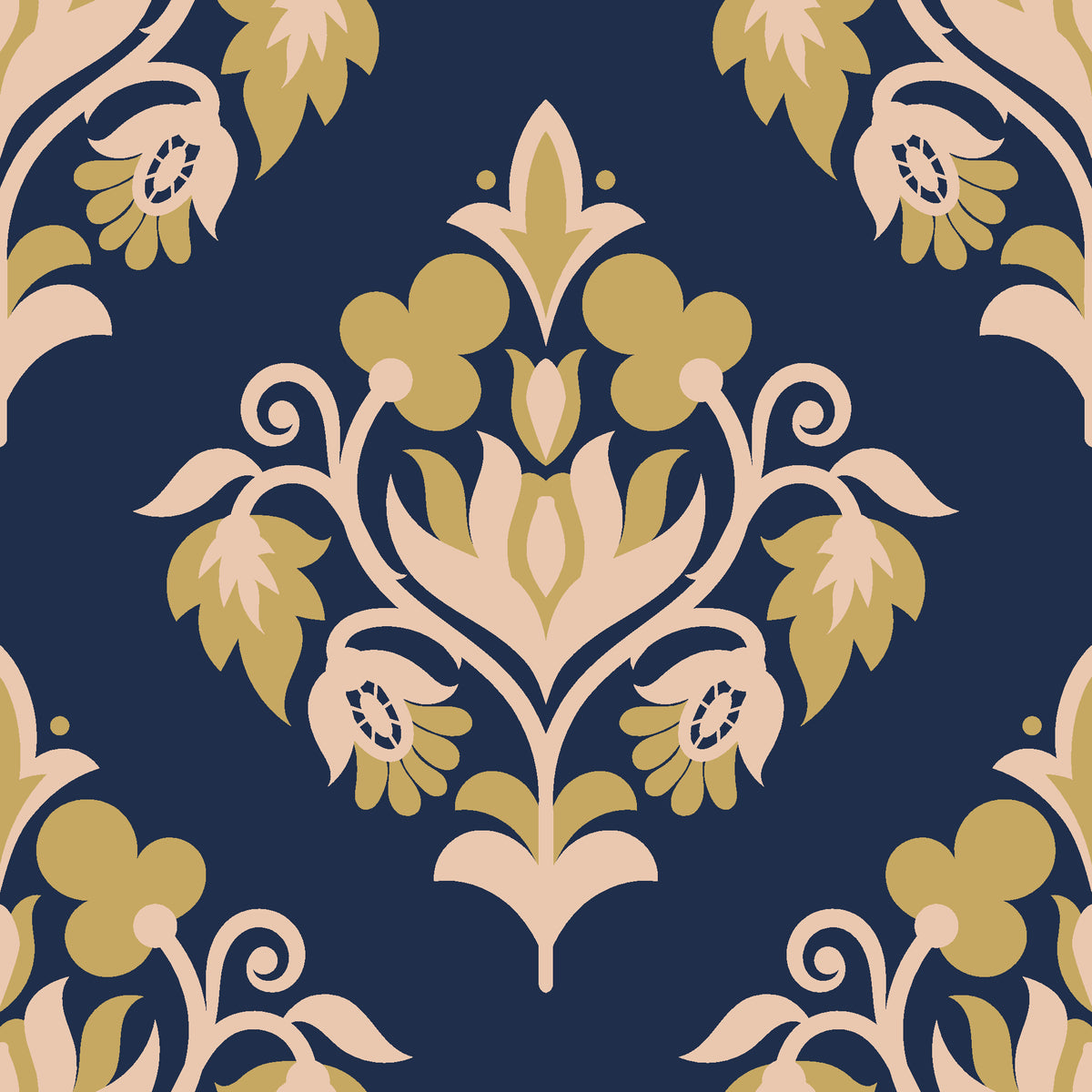 Old World Flora Navy floral damask wallpaper in navy and gold