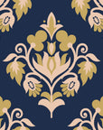 Old World Flora Navy floral damask wallpaper in navy and gold