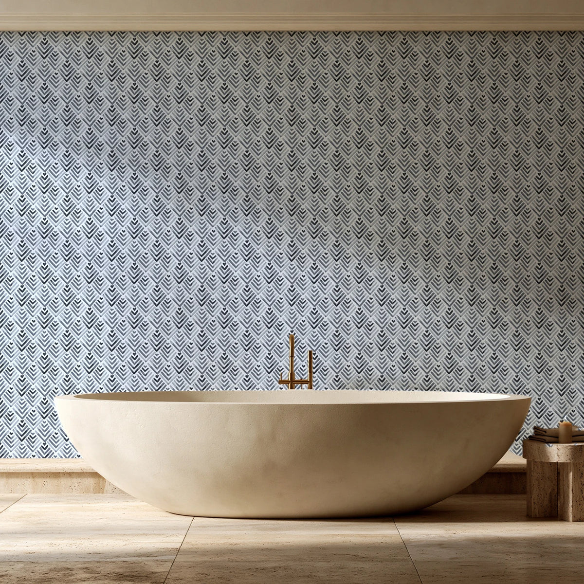 Olive Fret Charcoal geometric fret wallpaper creating ambiance in a serene spa bathroom