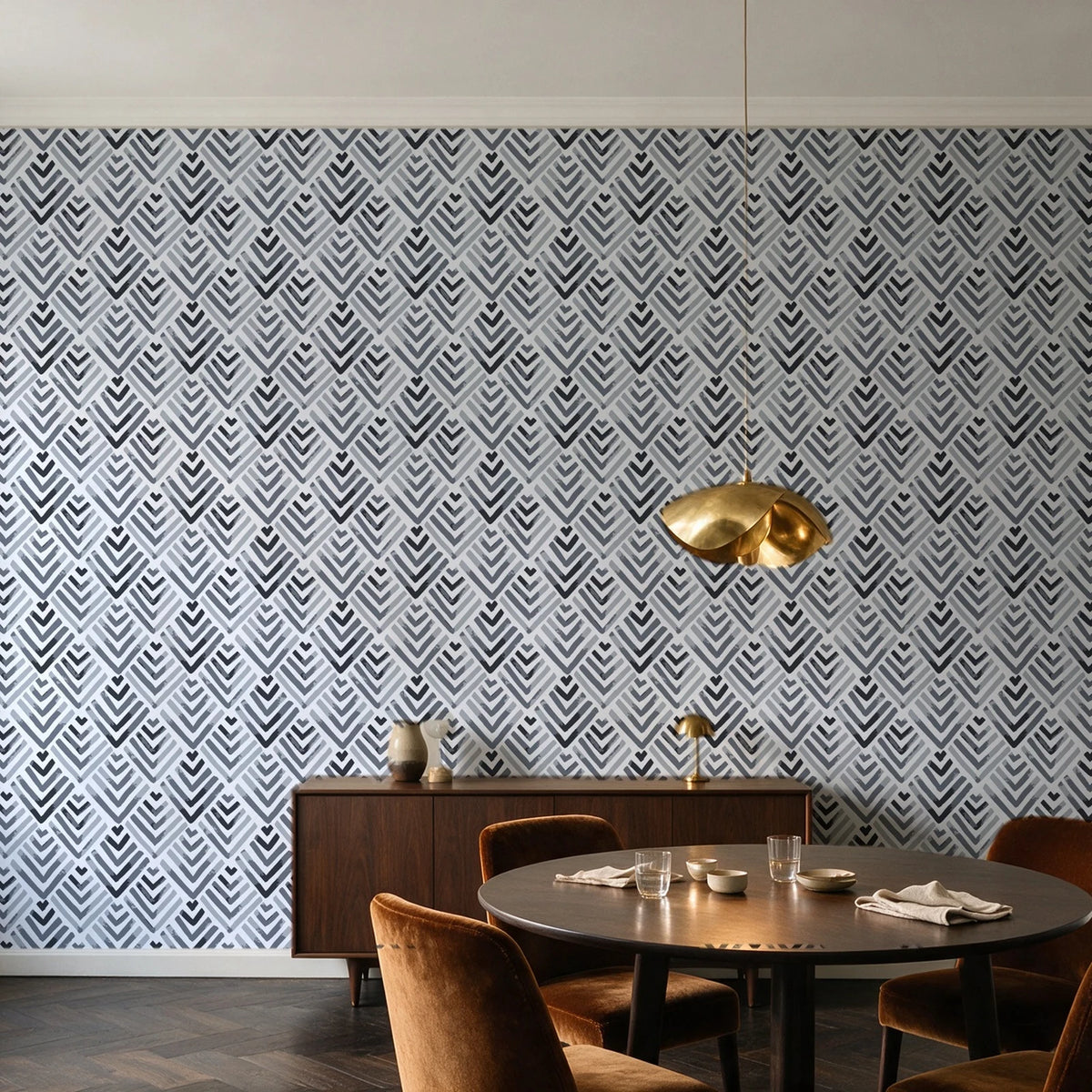 Olive Fret Charcoal geometric fret wallpaper in an elegant dining room