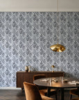 Olive Fret Charcoal geometric fret wallpaper in an elegant dining room