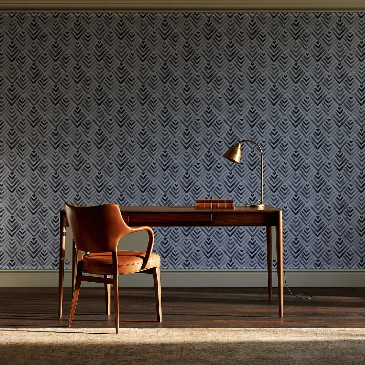 Olive Fret Charcoal geometric fret wallpaper as a feature wall in a home study