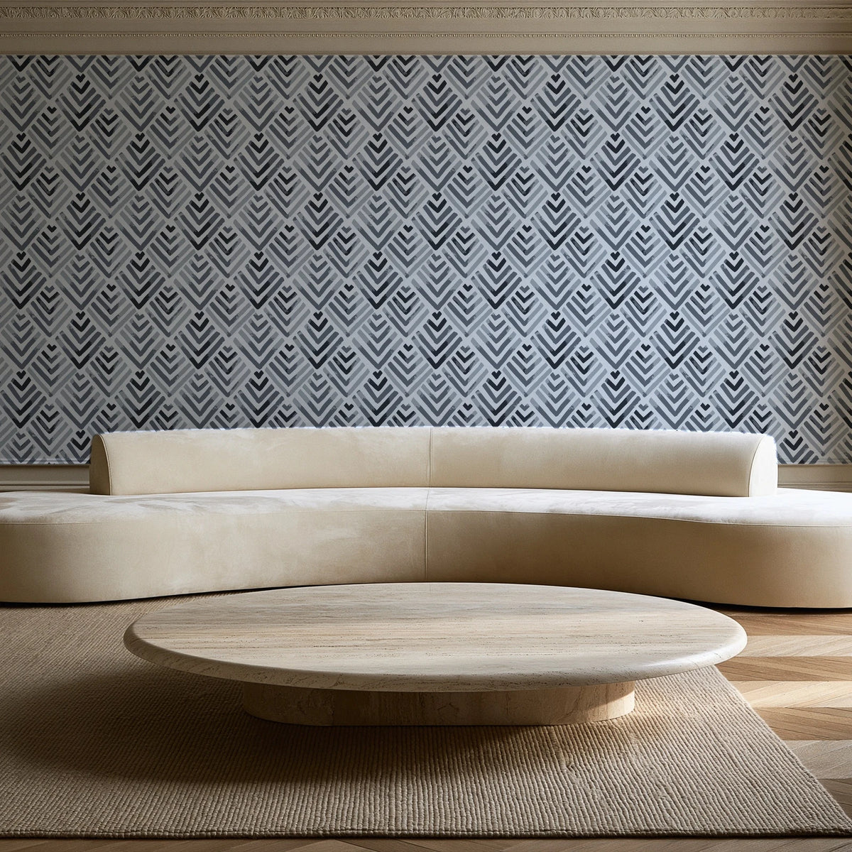 Olive Fret Charcoal geometric fret wallpaper in an elegant living room