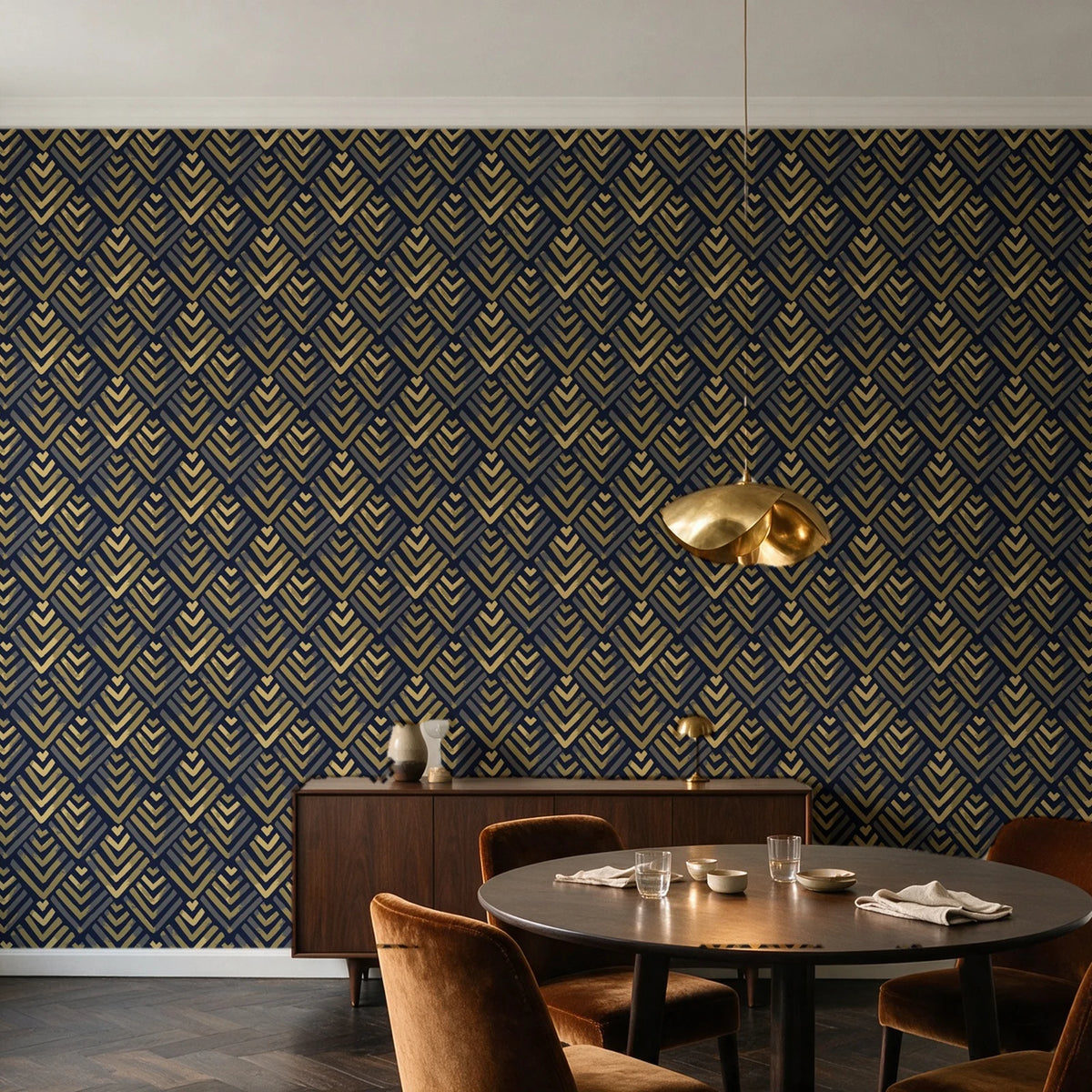 Olive Fret Midnight geometric fret wallpaper in an elegant dining room