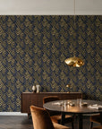Olive Fret Midnight geometric fret wallpaper in an elegant dining room