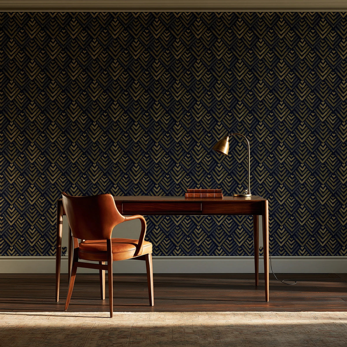 Olive Fret Midnight geometric fret wallpaper as a feature wall in a home study