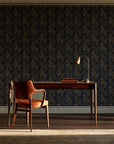 Olive Fret Midnight geometric fret wallpaper as a feature wall in a home study