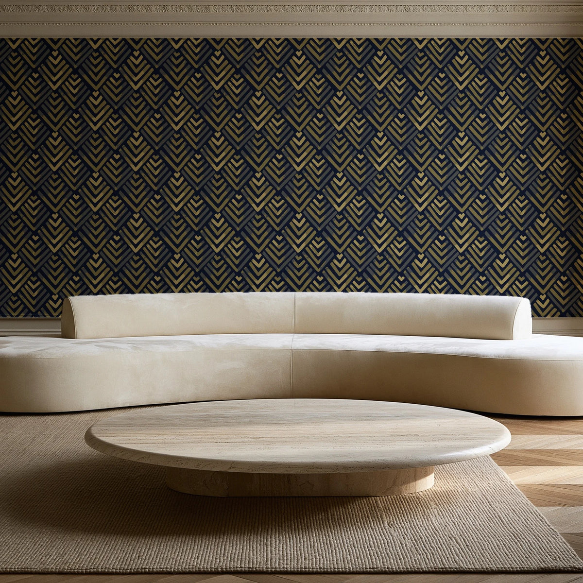 Olive Fret Midnight geometric fret wallpaper in an elegant living room