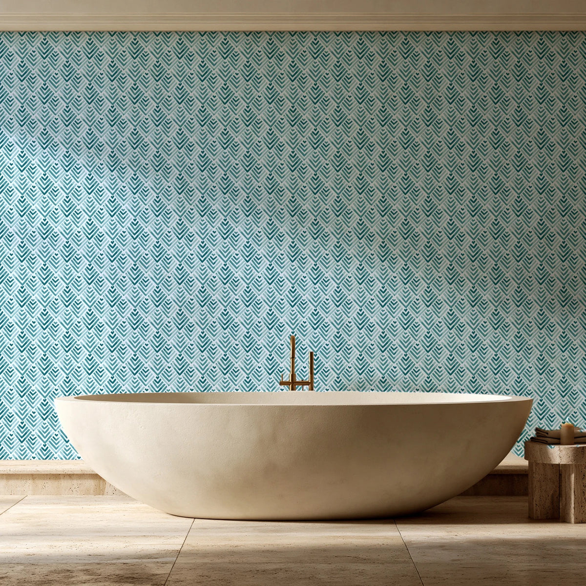 Olive Fret Teal geometric fret wallpaper creating ambiance in a serene spa bathroom