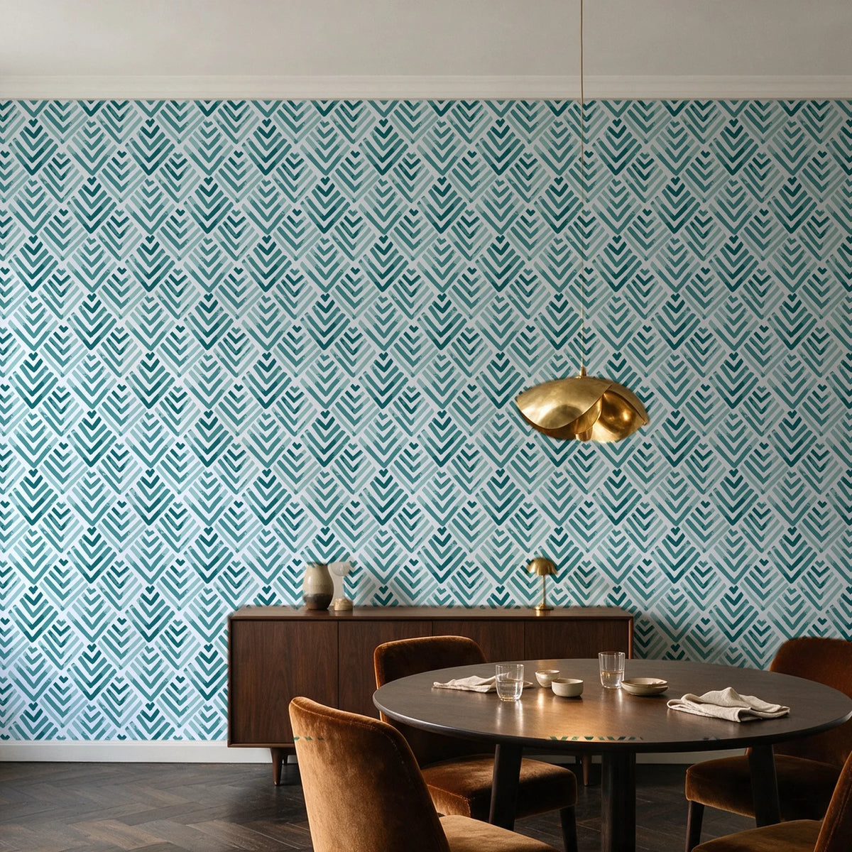Olive Fret Teal geometric fret wallpaper in an elegant dining room