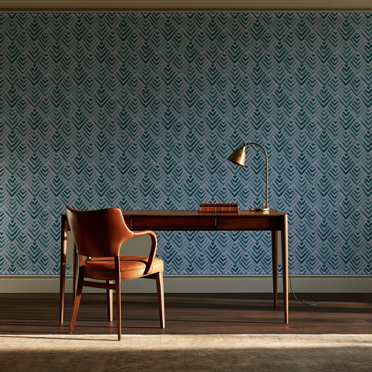 Olive Fret Teal geometric fret wallpaper as a feature wall in a home study