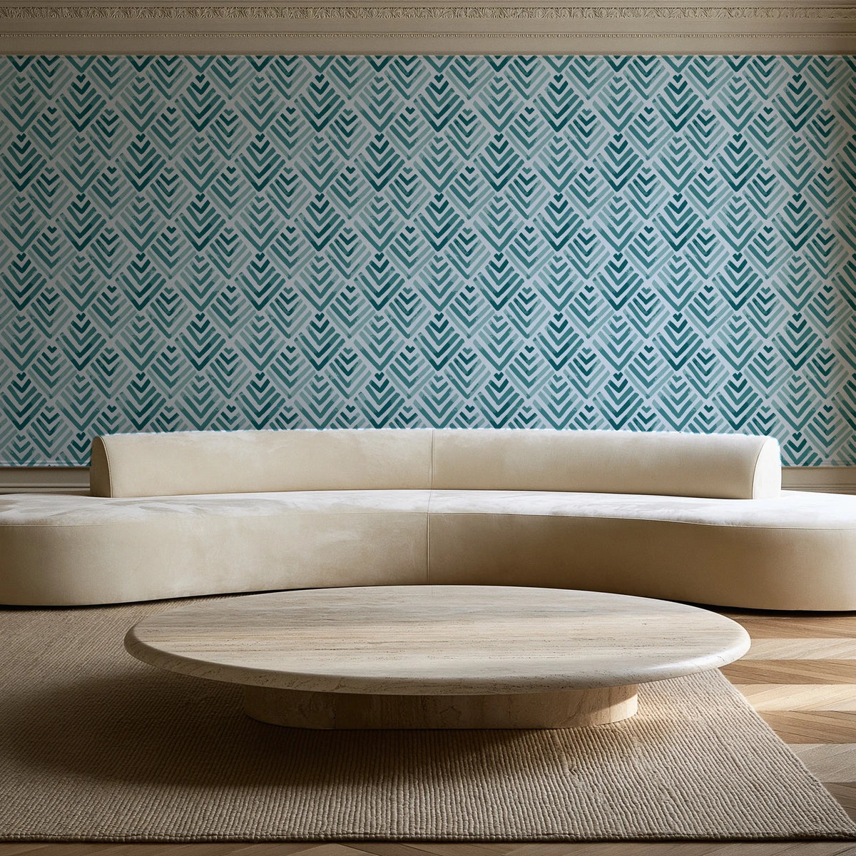Olive Fret Teal geometric fret wallpaper in an elegant living room
