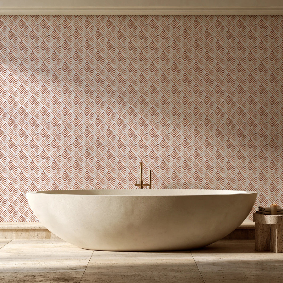 Olive Fret Terracotta geometric fret wallpaper creating ambiance in a serene spa bathroom