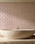 Olive Fret Terracotta geometric fret wallpaper creating ambiance in a serene spa bathroom