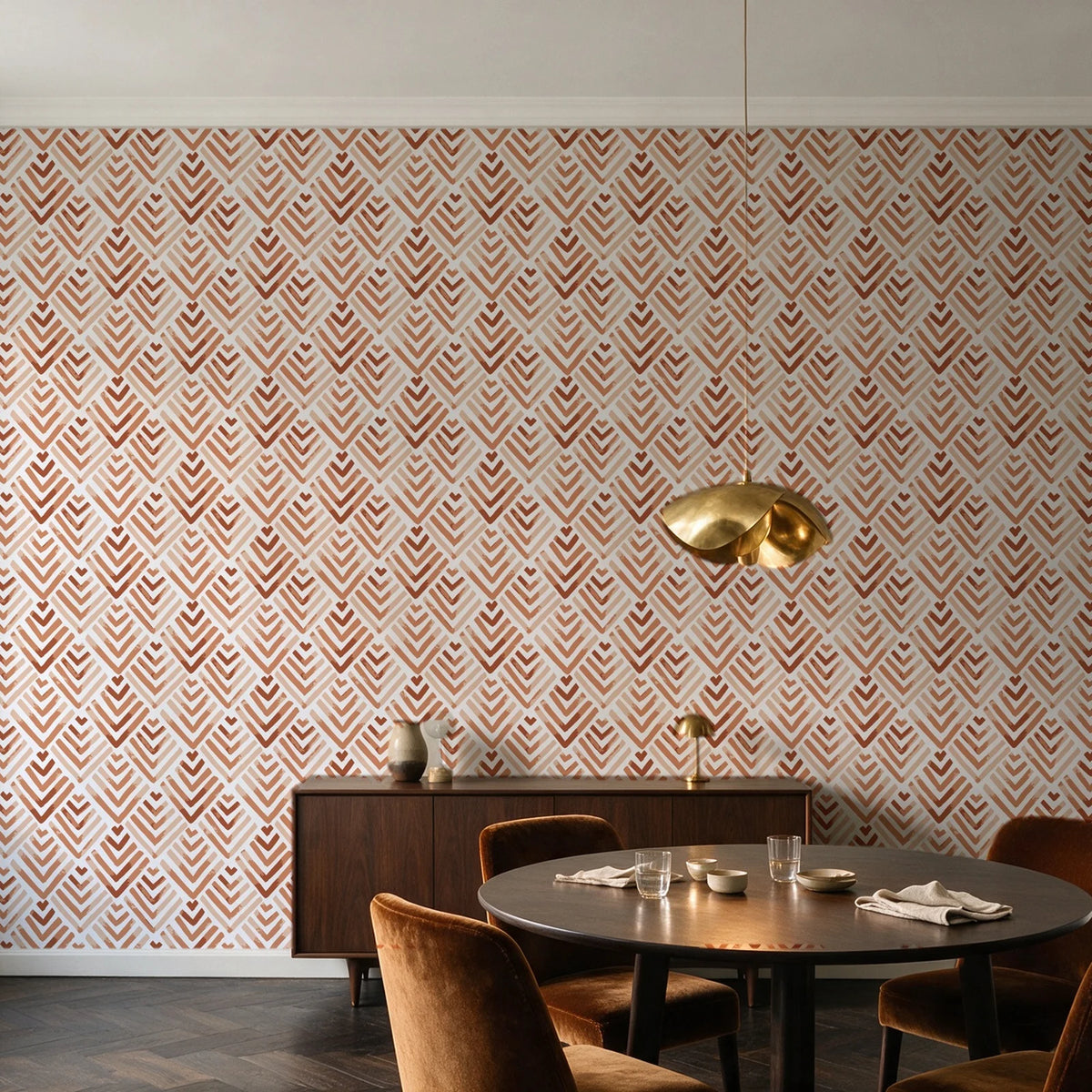 Olive Fret Terracotta geometric fret wallpaper in an elegant dining room