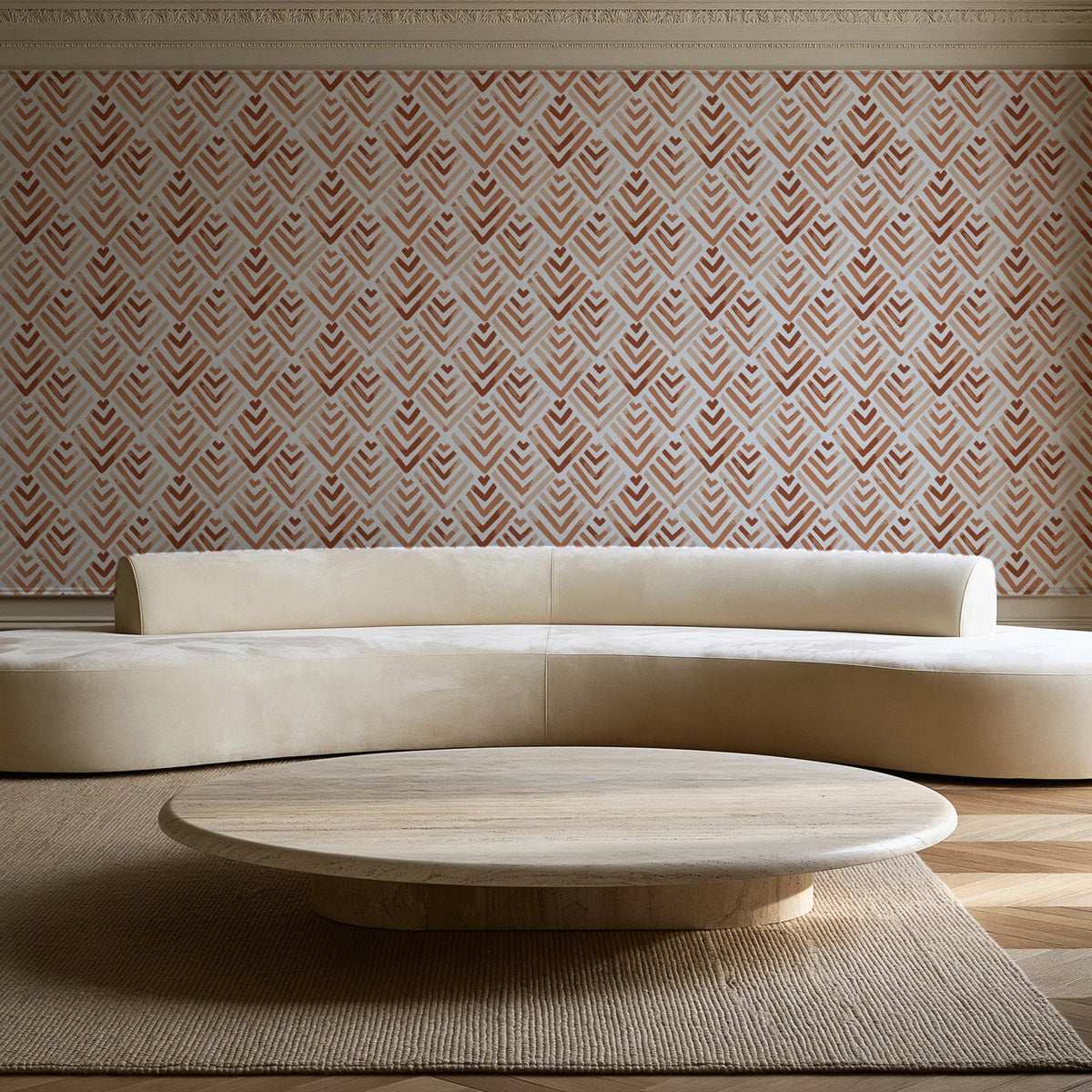 Olive Fret Terracotta geometric fret wallpaper in an elegant living room