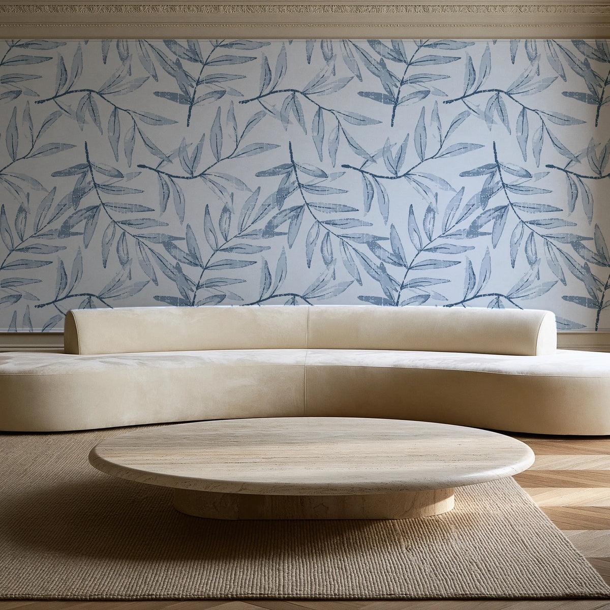 Pale Foliage Delft willow leaf wallpaper in an elegant living room