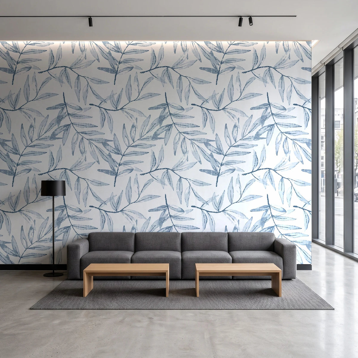 Pale Foliage Delft willow leaf wallpaper in a contemporary commercial office lobby