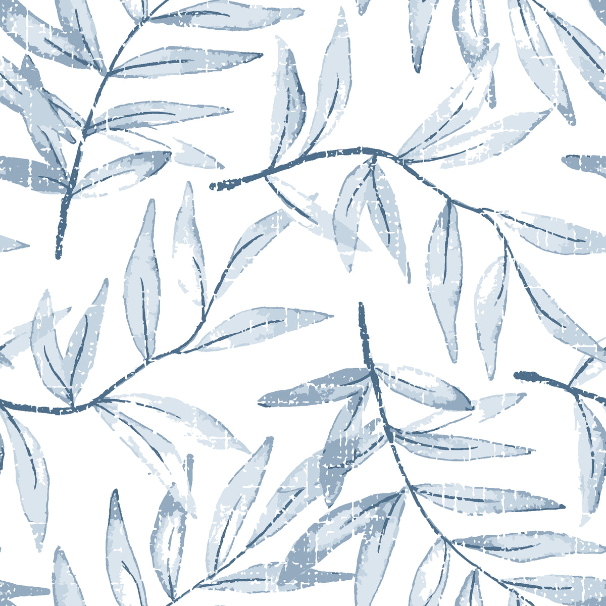 Pale Foliage Delft willow leaf wallpaper in delft blue and white