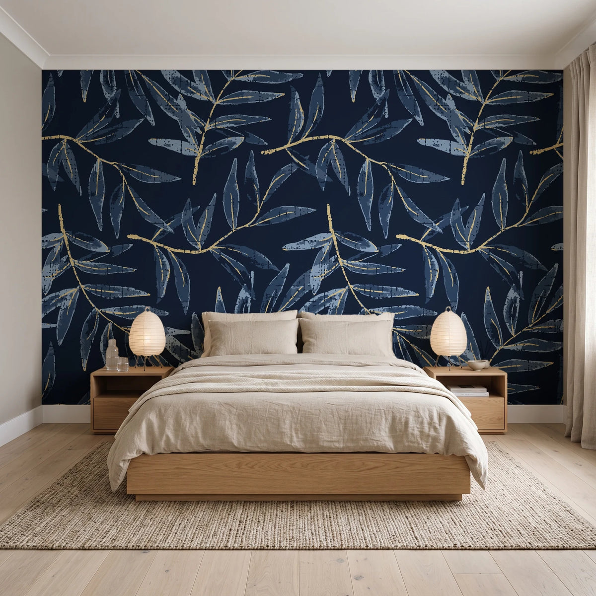 Pale Foliage Midnight willow leaf wallpaper behind a low platform bed in a serene Japandi bedroom