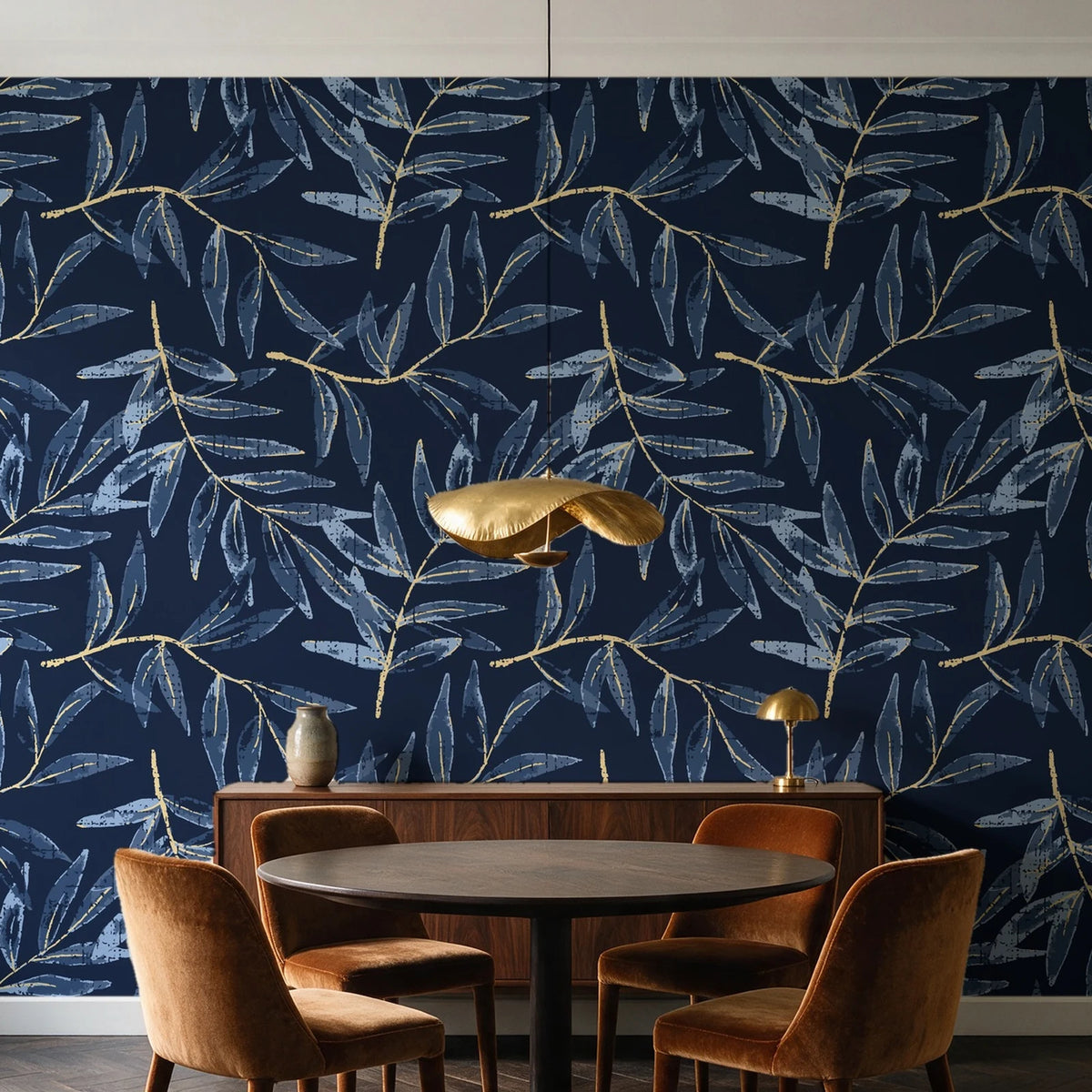 Pale Foliage Midnight willow leaf wallpaper behind a walnut credenza and round table in an elegant dining room