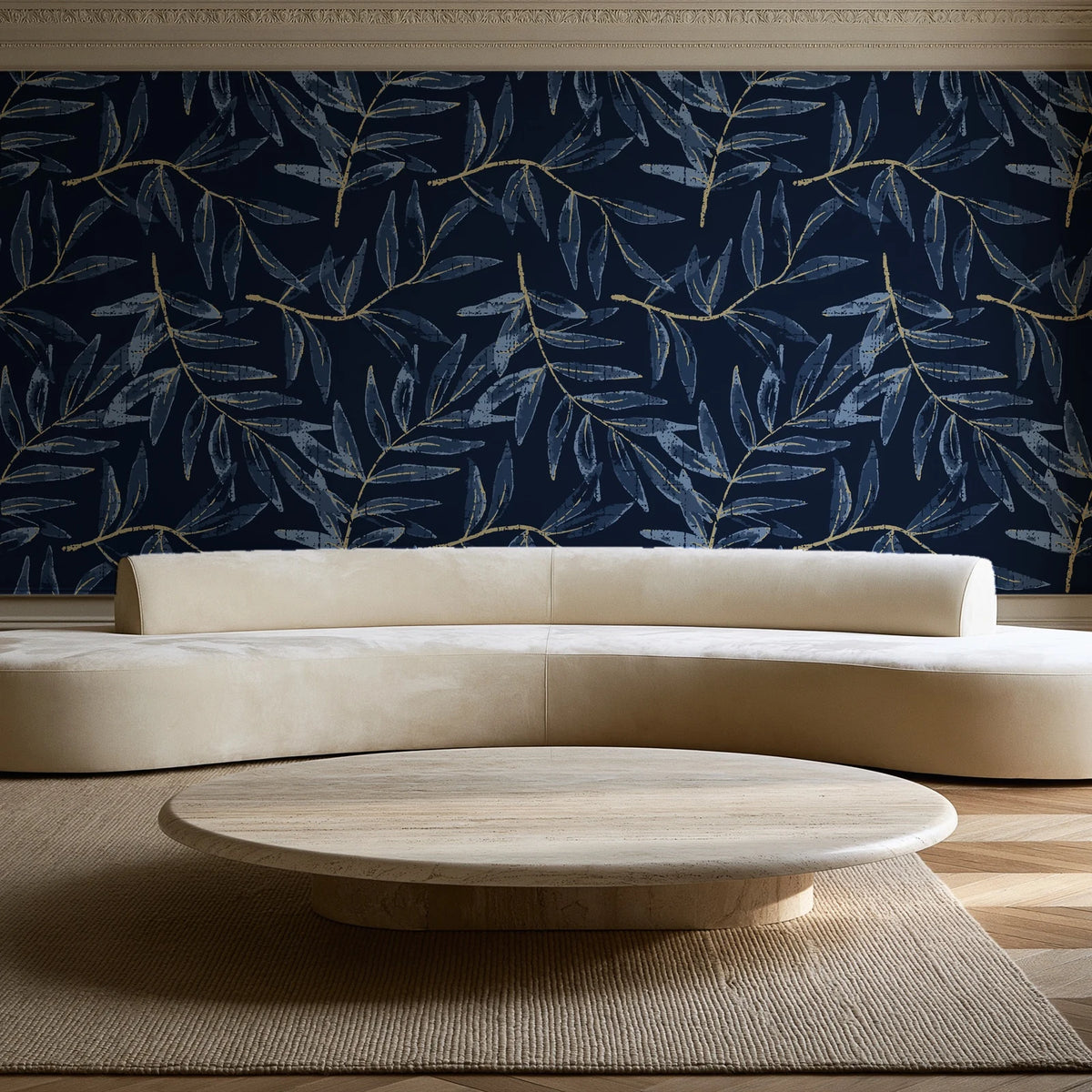Pale Foliage Midnight willow leaf wallpaper in an elegant living room