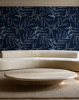 Pale Foliage Midnight willow leaf wallpaper in an elegant living room