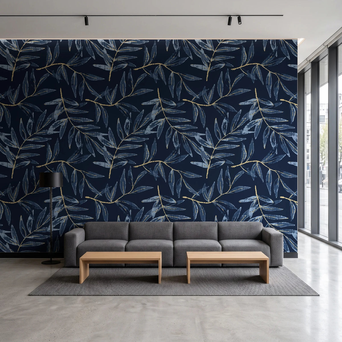 Pale Foliage Midnight willow leaf wallpaper in a contemporary commercial office lobby