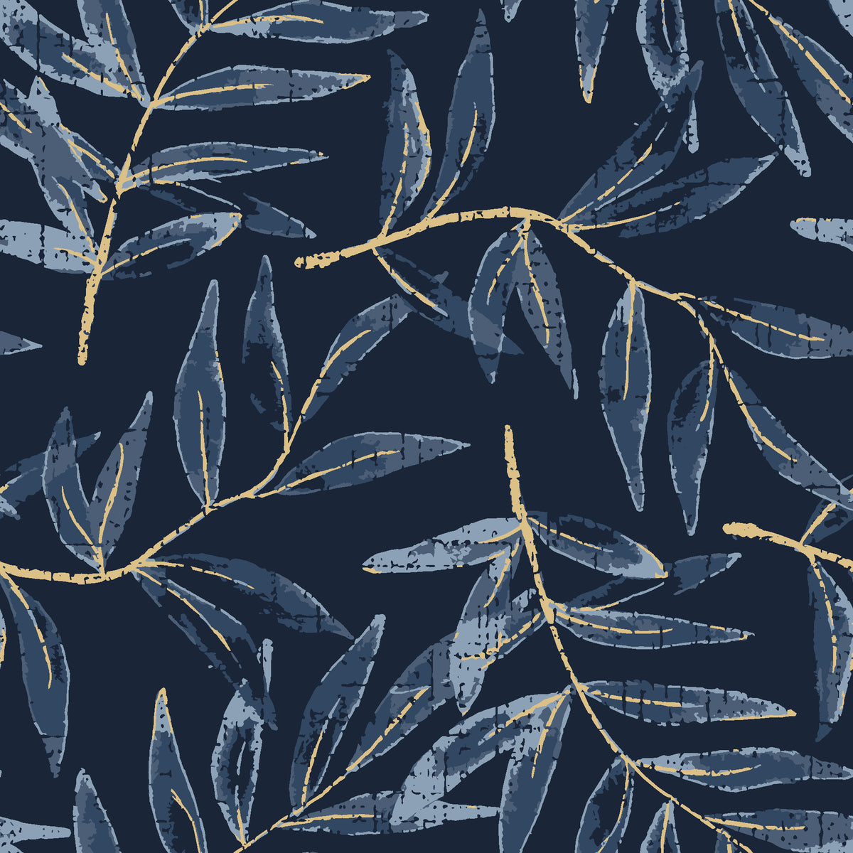 Pale Foliage Midnight willow leaf wallpaper in midnight and gold