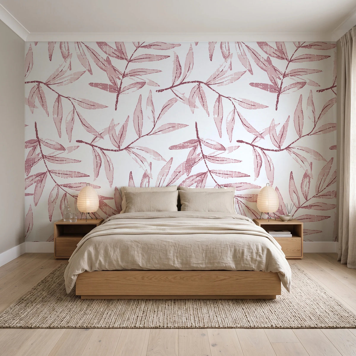Pale Foliage Rose willow leaf wallpaper behind a low platform bed in a serene Japandi bedroom