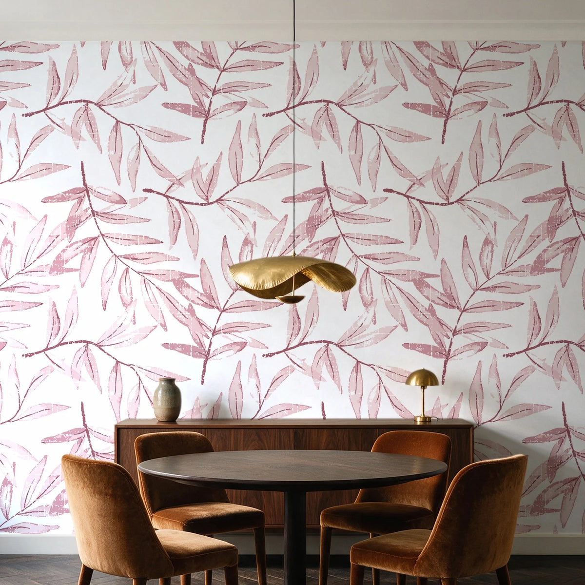 Pale Foliage Rose willow leaf wallpaper behind a walnut credenza and round table in an elegant dining room