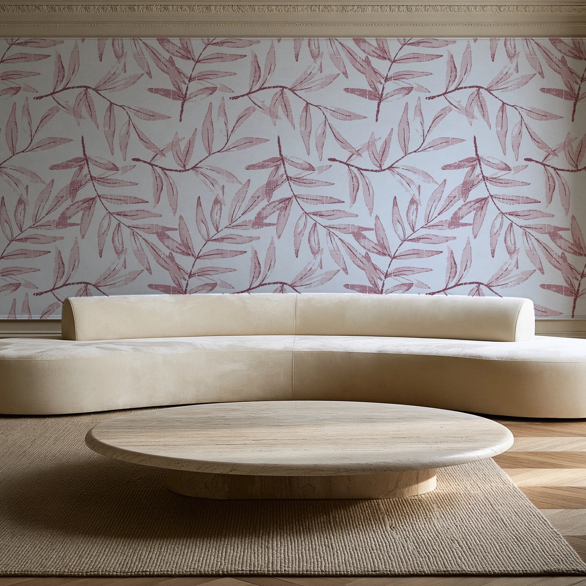 Pale Foliage Rose willow leaf wallpaper in an elegant living room