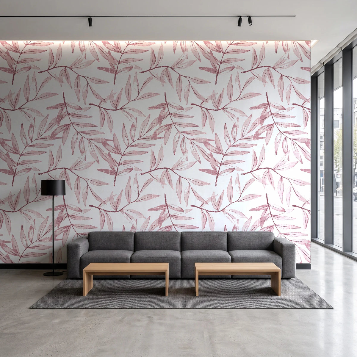 Pale Foliage Rose willow leaf wallpaper in a contemporary commercial office lobby