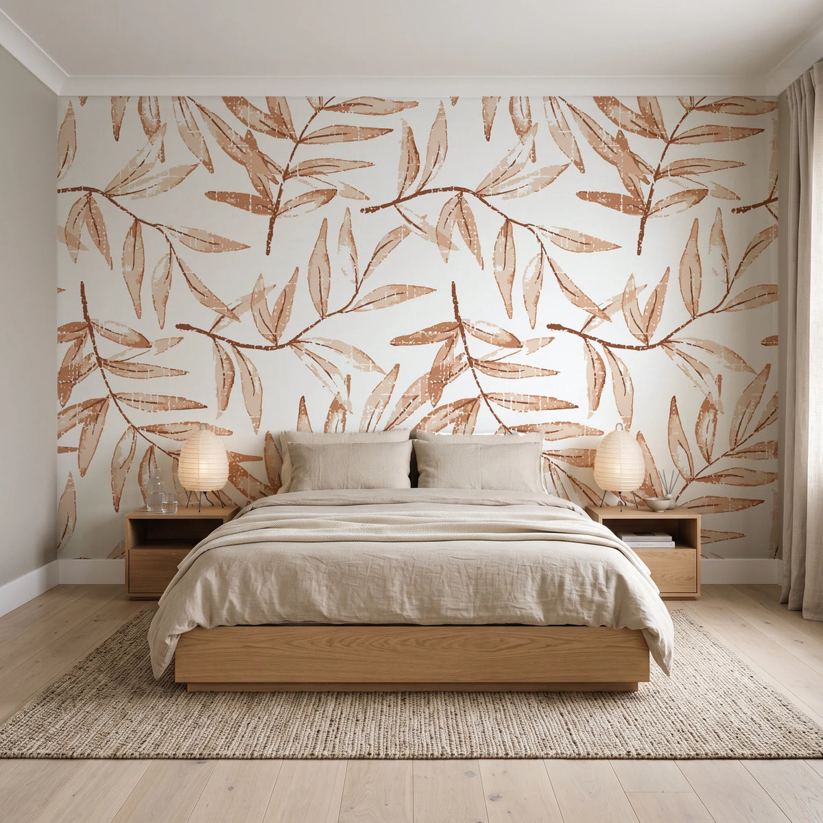 Pale Foliage Terracotta willow leaf wallpaper behind a low platform bed in a serene Japandi bedroom