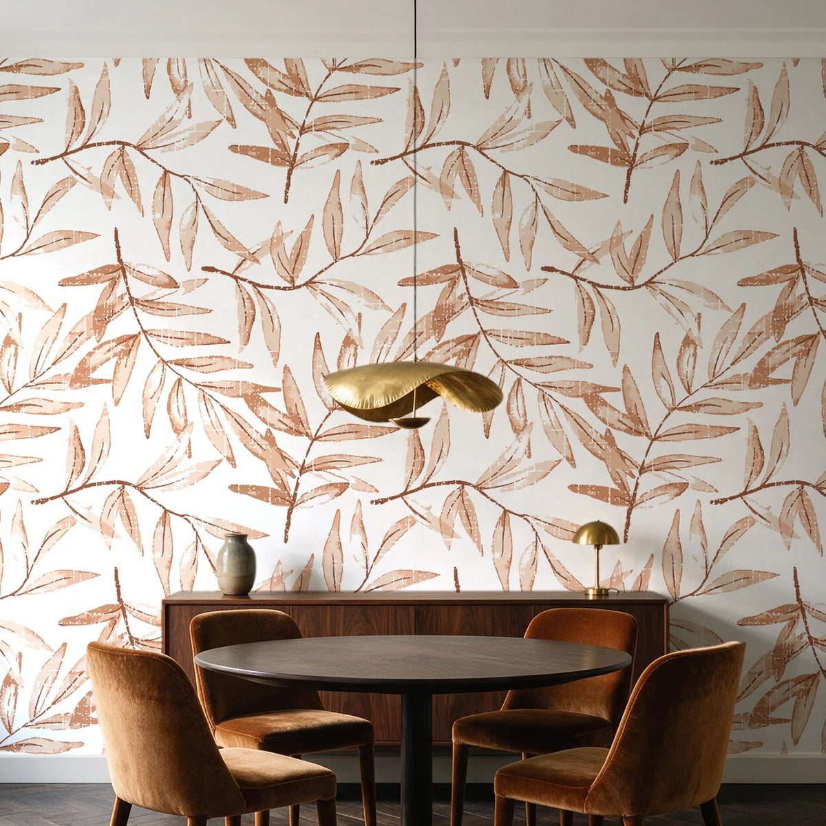 Pale Foliage Terracotta willow leaf wallpaper behind a walnut credenza and round table in an elegant dining room