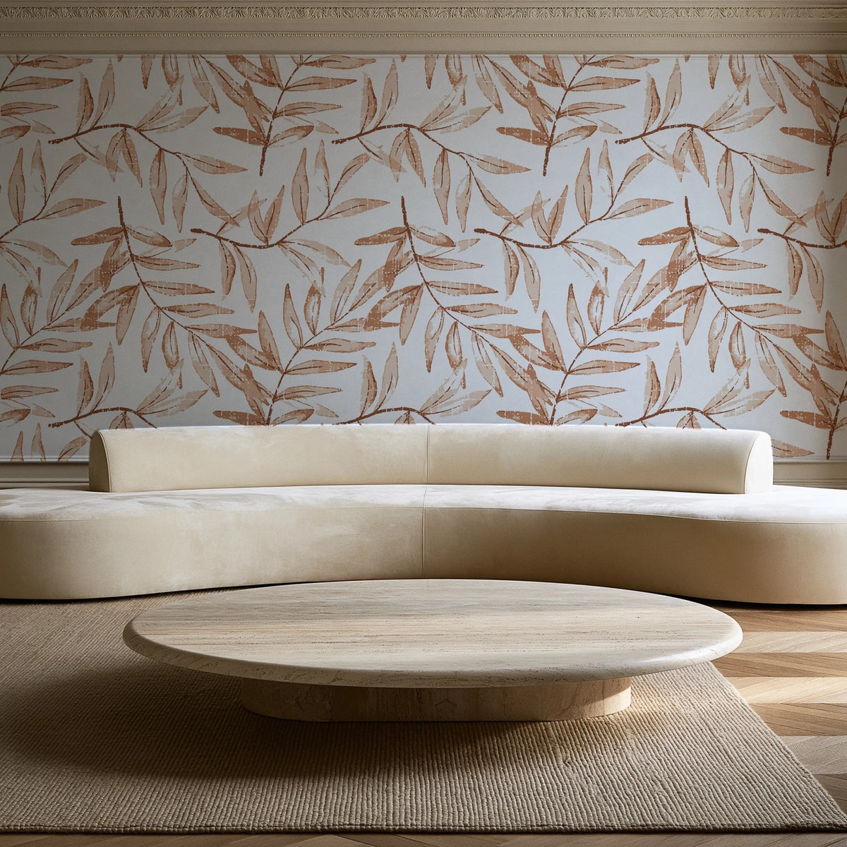 Pale Foliage Terracotta willow leaf wallpaper in an elegant living room